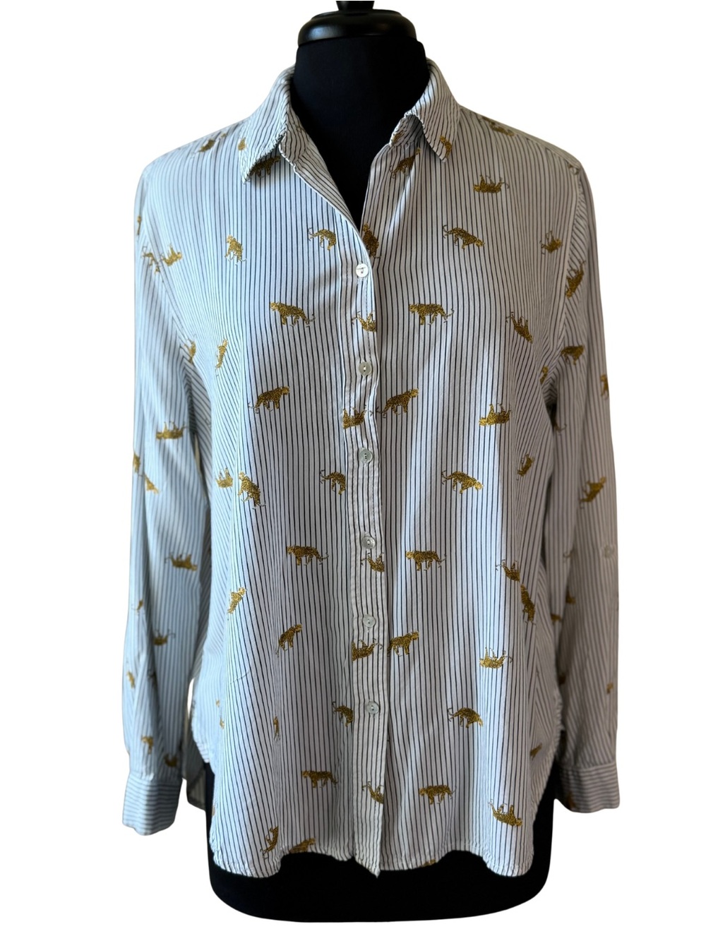 JANE + DELANCEY Striped Button-Down Shirt with Leopards Size XL White Black - Picture 1 of 15